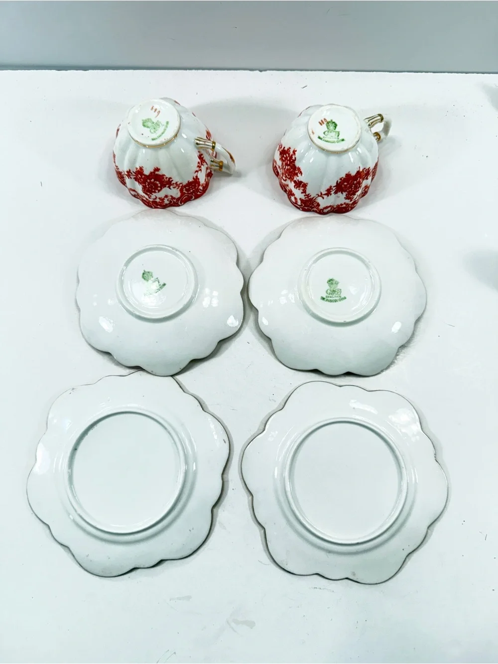 2x Rare Paragon China Trios Antique 1920s Iron Red Gold Floral Tea Cup Sets 689
